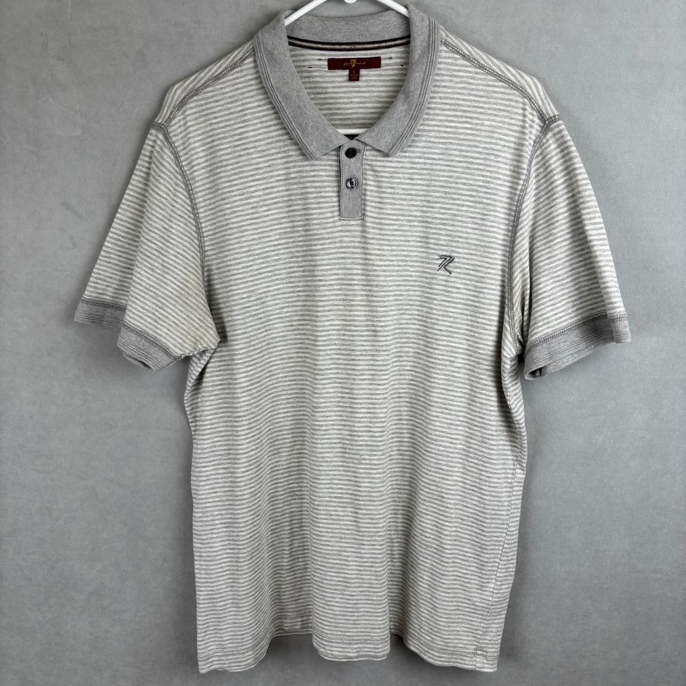 7 For All Mankind Mens Grey Striped Short Sleeve Polo Shirt Preppy Y2K Basics L